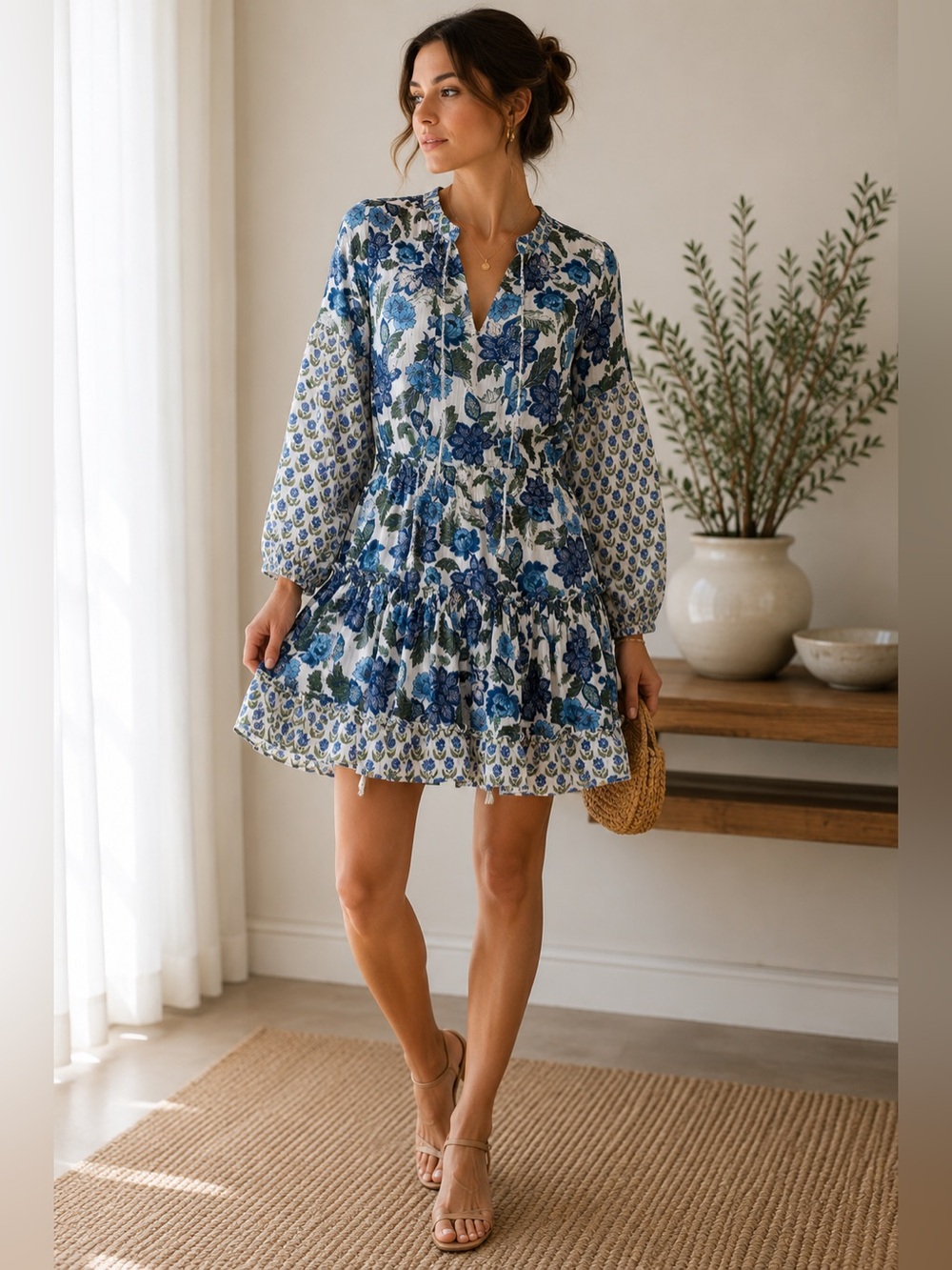 MISA Los Angeles Metallic Floral Tiered Mini Dress XS